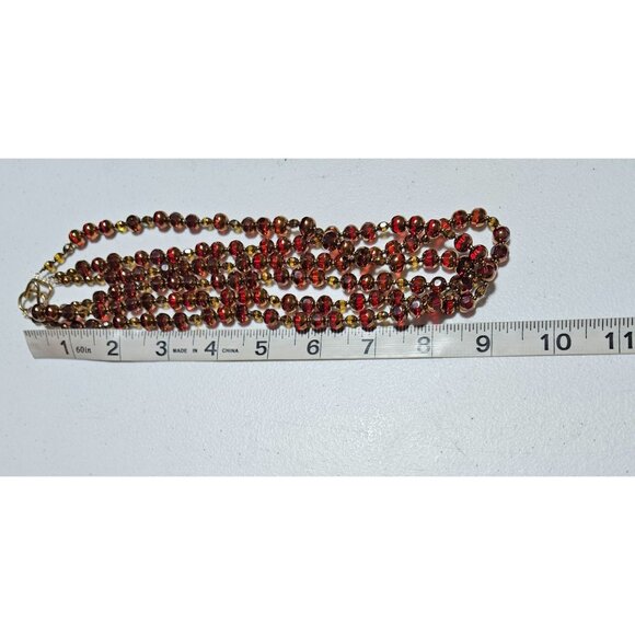 Vintage Triple Strand Red Gold Beaded Necklace Geometric Clasp Retro Fashion - Picture 5 of 6